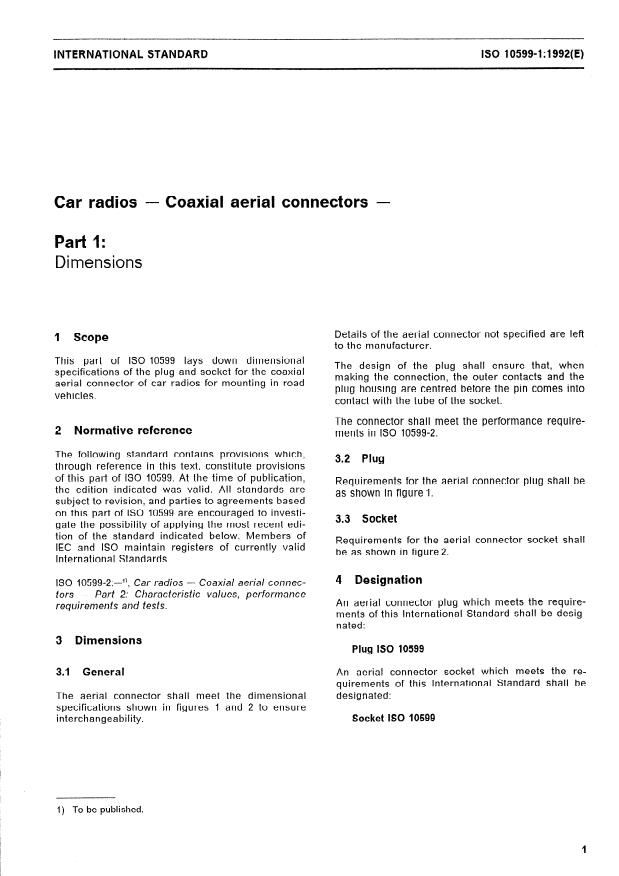 ISO 10599-1:1992 - Car radios -- Coaxial aerial connectors