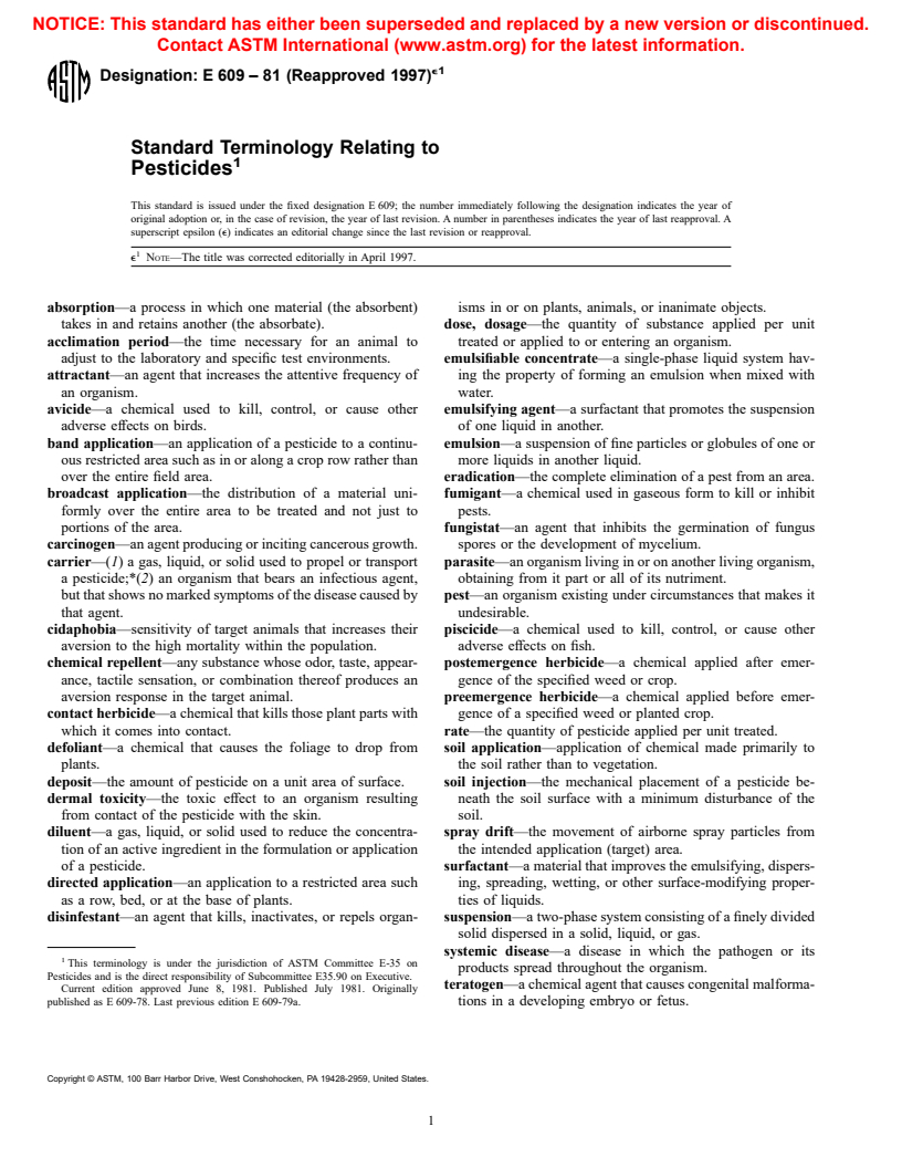 ASTM E609-81(1997)e1 - Standard Terminology Relating to Pesticides