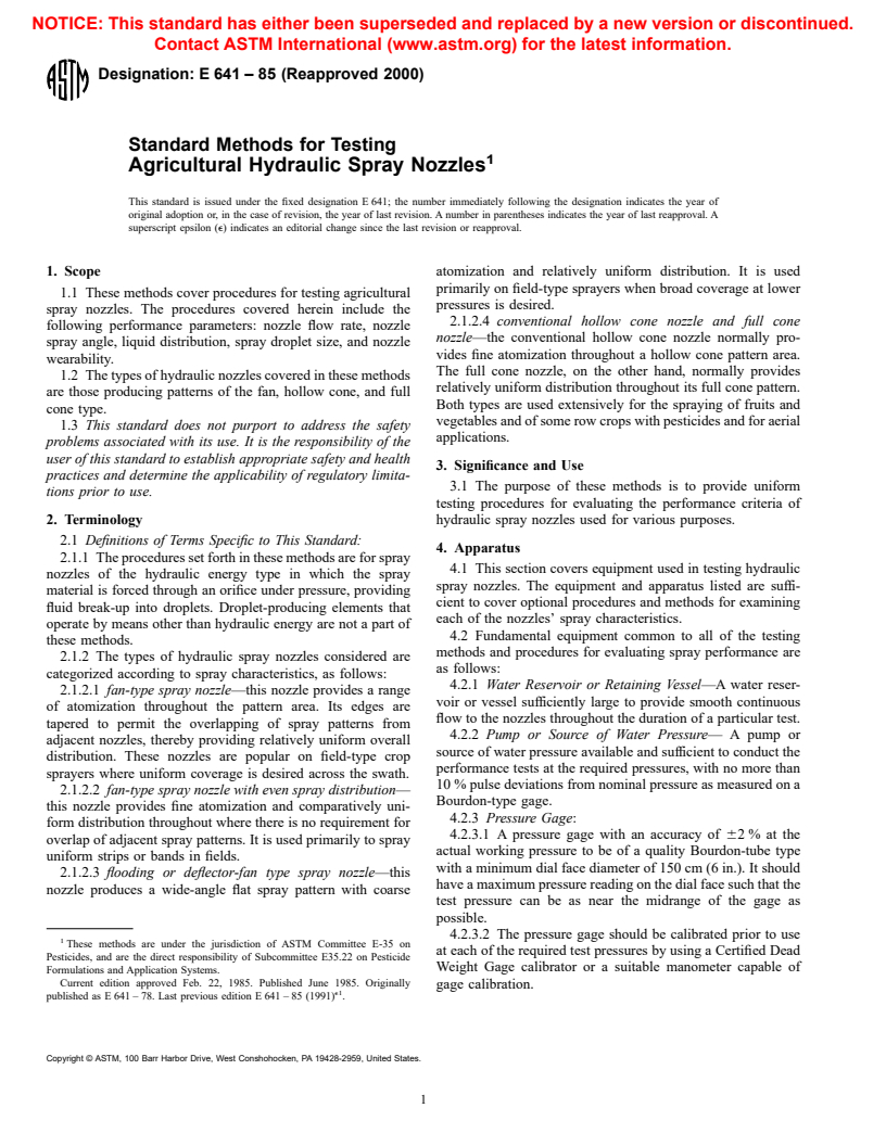 ASTM E641-85(2000) - Standard Methods for Testing Hydraulic Spray Nozzles Used in Agriculture