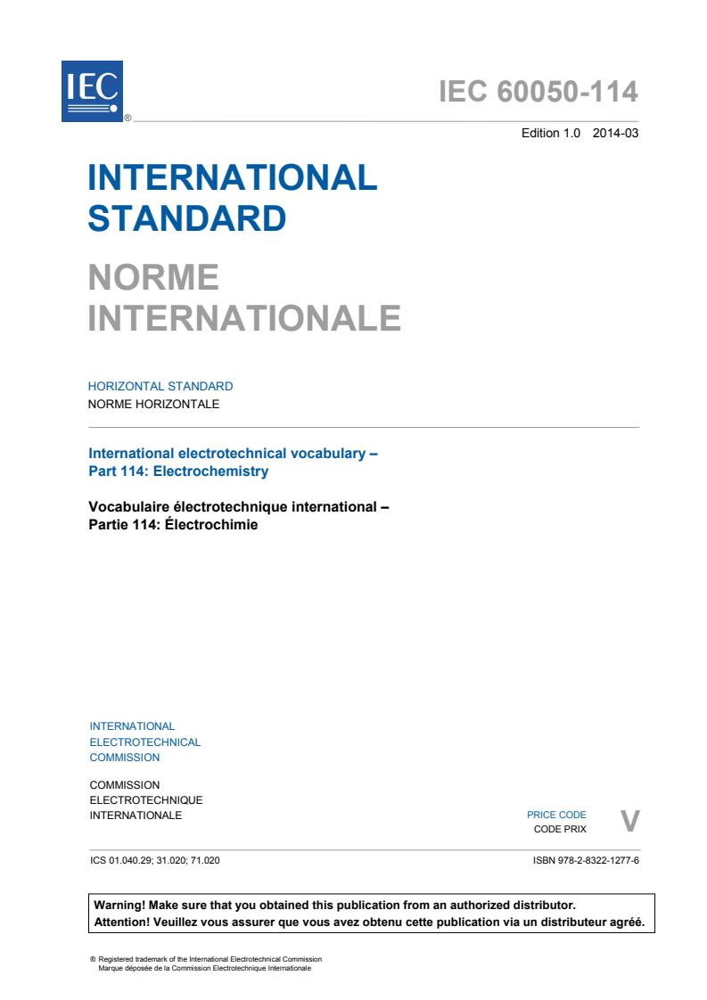 IEC 60050-114:2014 - International Electrotechnical Vocabulary (IEV) - Part 114: Electrochemistry