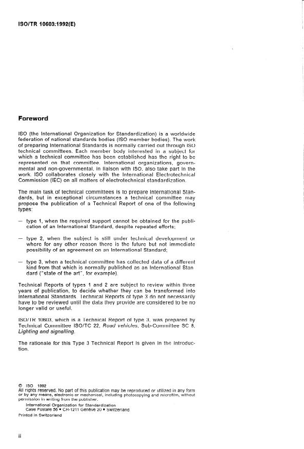ISO/TR 10603:1992 ISO/TR 10603:1992 - Road vehicles -- Legal situation concerning lighting and light-signalling devices - Page 2 preview