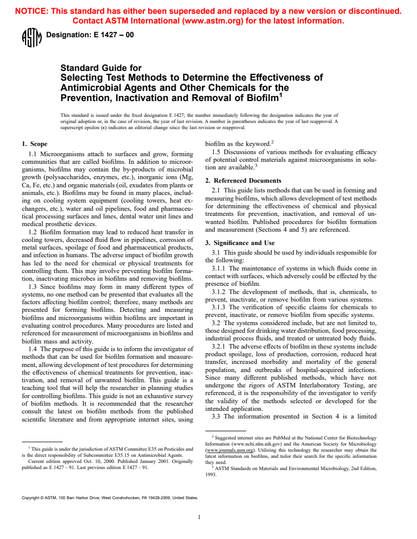 ASTM E1427-00 - Standard Guide for Selecting Test Methods to Determine the Effectiveness of Antimicrobial Agents and Other Chemicals for the Prevention, Inactivation and Removal of Biofilm