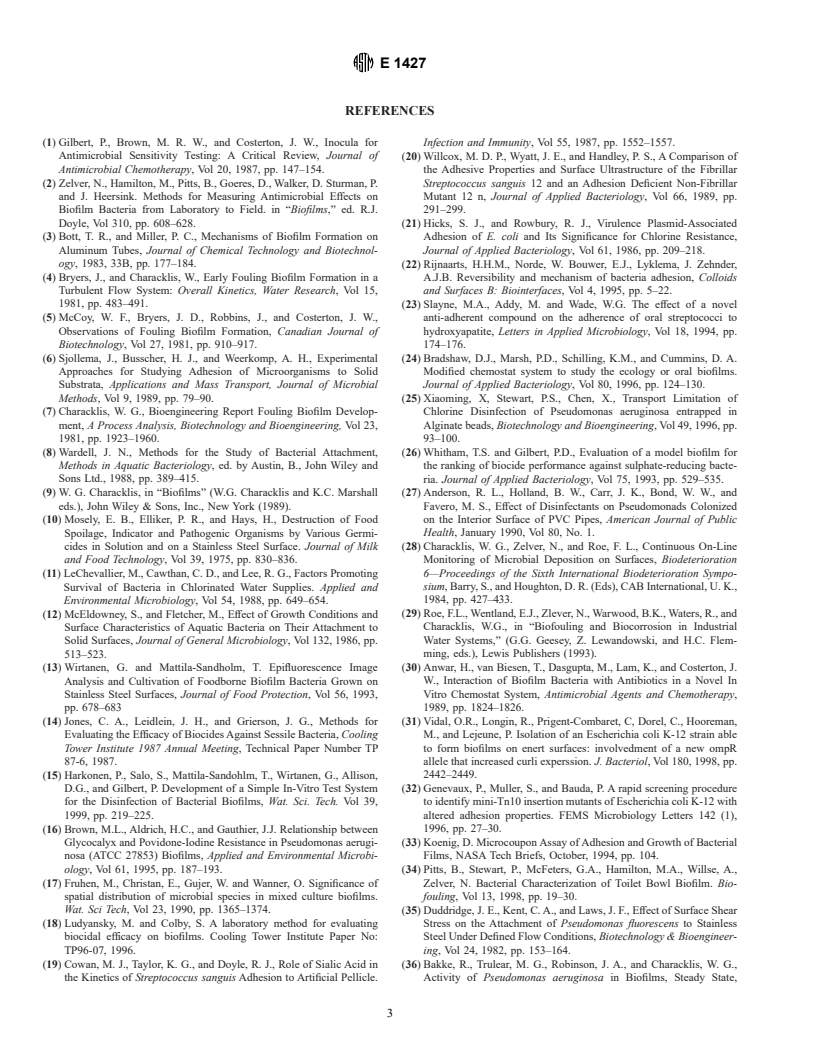 ASTM E1427-00 - Standard Guide for Selecting Test Methods to Determine the Effectiveness of Antimicrobial Agents and Other Chemicals for the Prevention, Inactivation and Removal of Biofilm