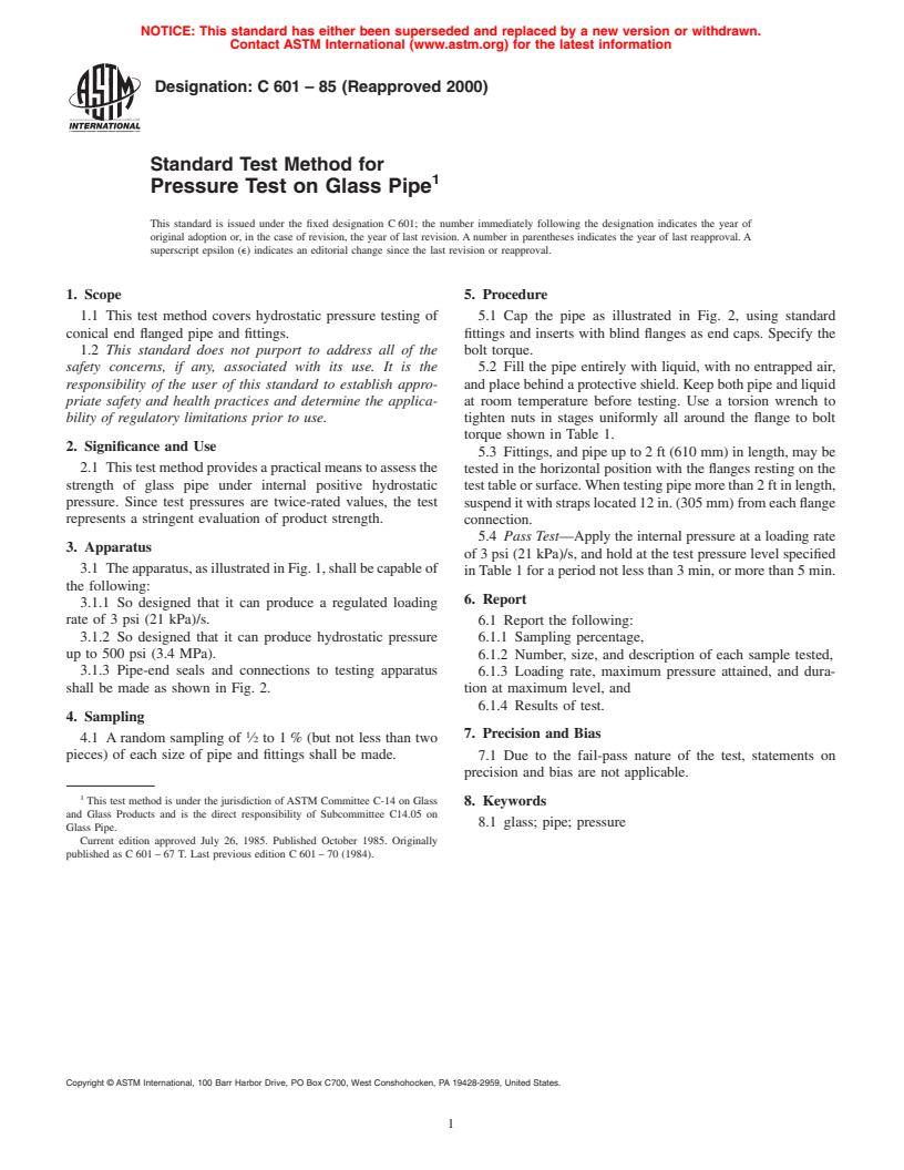 ASTM C601-85(2000) - Standard Test Method for Pressure Test on Glass Pipe