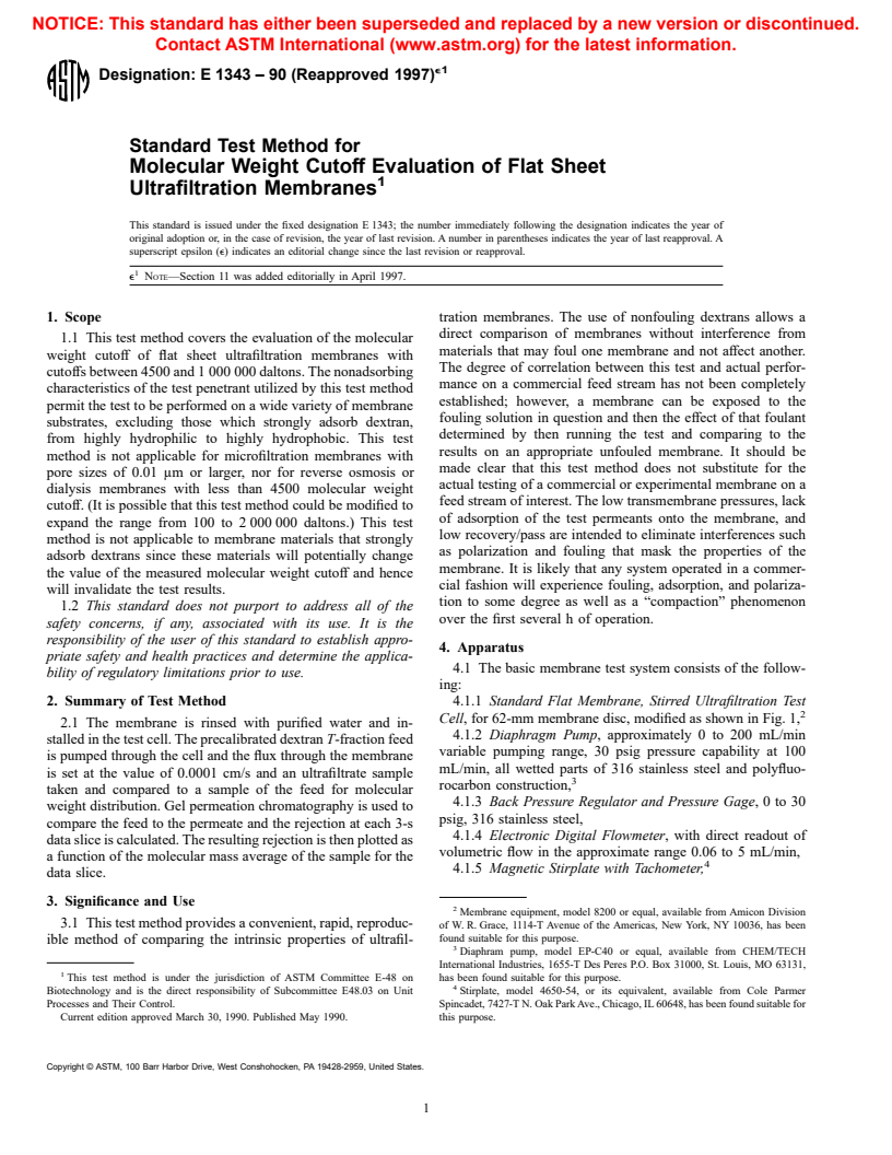 ASTM E1343-90(1997)e1 - Standard Test Method for Molecular Weight Cutoff Evaluation of Flat Sheet Ultrafiltration Membranes