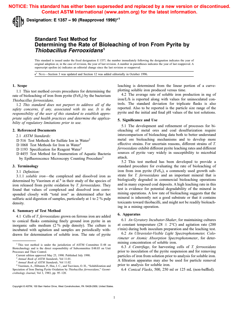 ASTM E1357-90(1996)e1 - Standard Test Method for Determining the Rate of Bioleaching of Iron From Pyrite by <i>Thiobacillus Ferrooxidans</i>