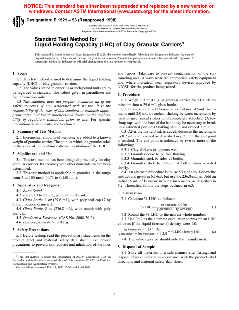 ASTM E1521-93(1998) - Standard Test Method for Liquid Holding Capacity of Granular Carriers