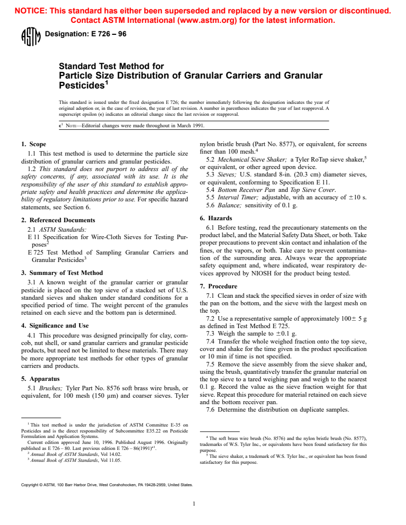 ASTM E726-96 - Standard Test Method for Particle Size Distribution of Granular Carriers and Granular Pesticides