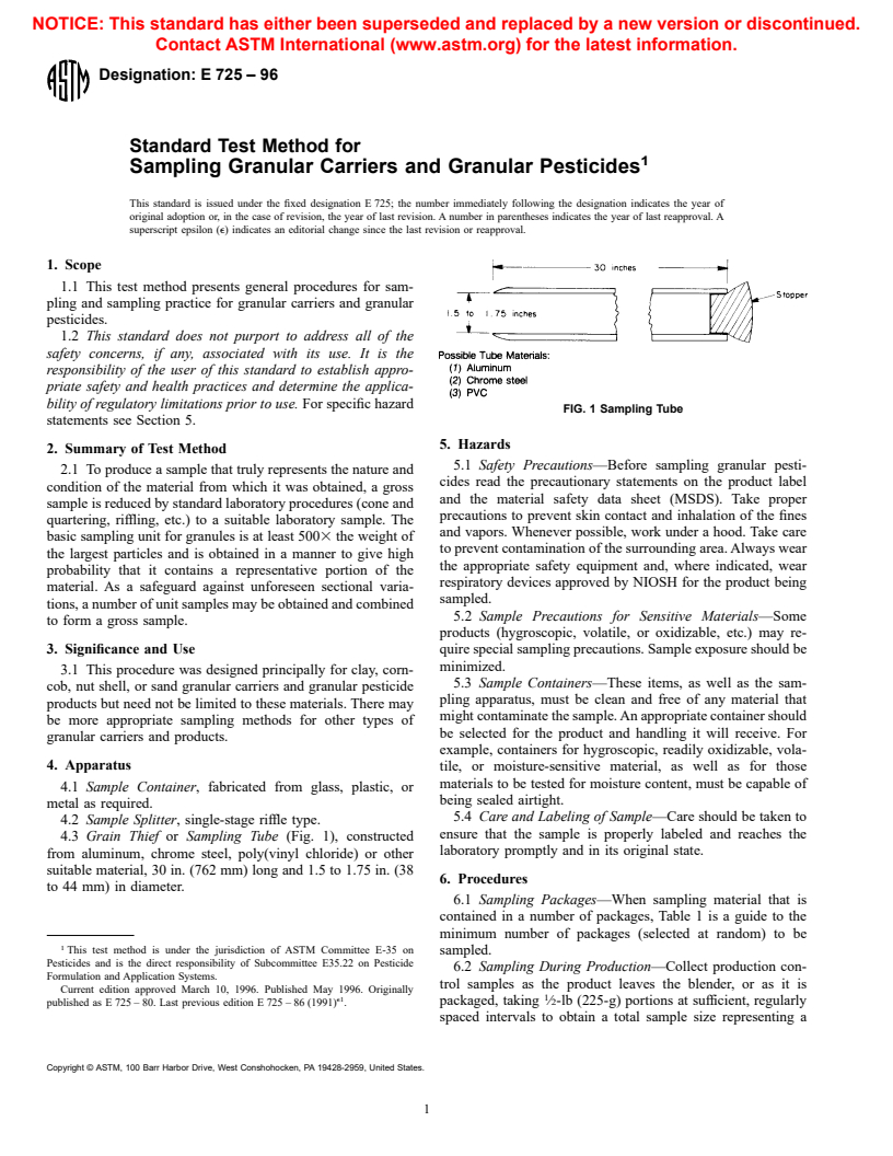 ASTM E725-96 - Standard Test Method for Sampling Granular Carriers and Granular Pesticides