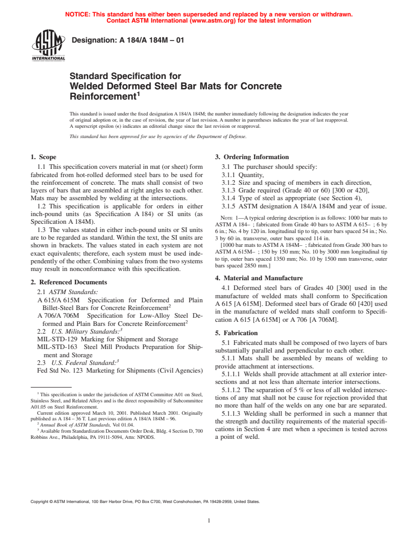ASTM A184/A184M-01 - Standard Specification for Fabricated Deformed Steel Bar Mats for Concrete Reinforcement