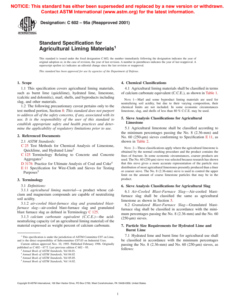 ASTM C602-95a(2001) - Standard Specification for Agricultural Liming Materials