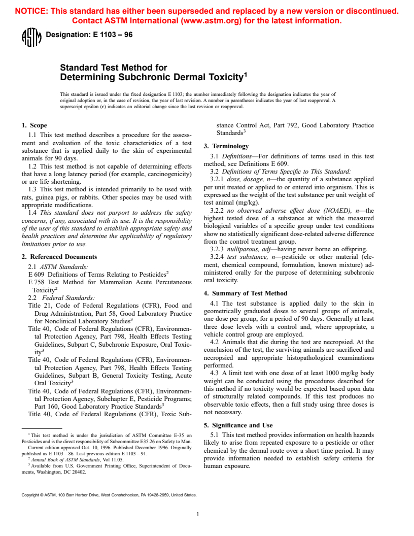 ASTM E1103-96 - Standard Test Method for Determining Subchronic Dermal Toxicity