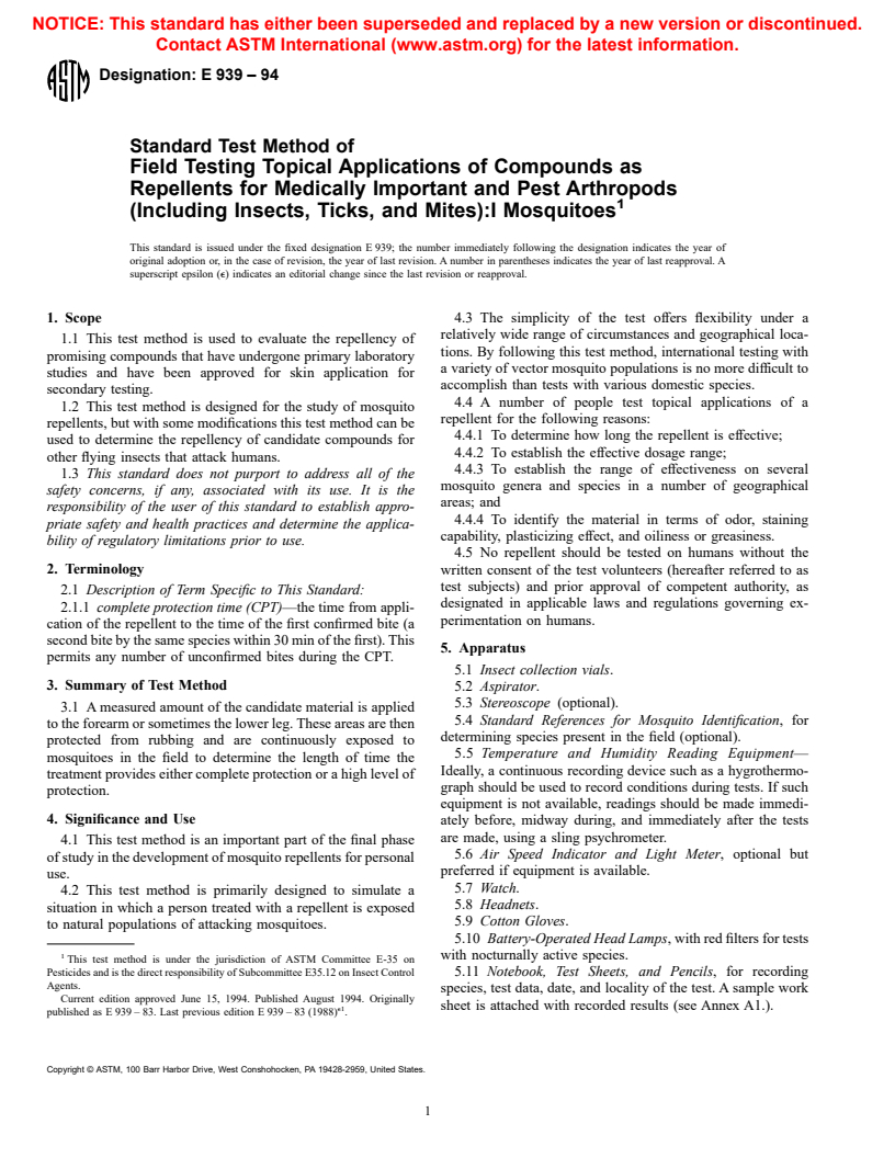 ASTM E939-94 - Standard Test Method of Field Testing Topical Applications of Compounds as Repellents for Medically Important and Pest Arthropods (Including Insects, Ticks, and Mites):I Mosquitoes