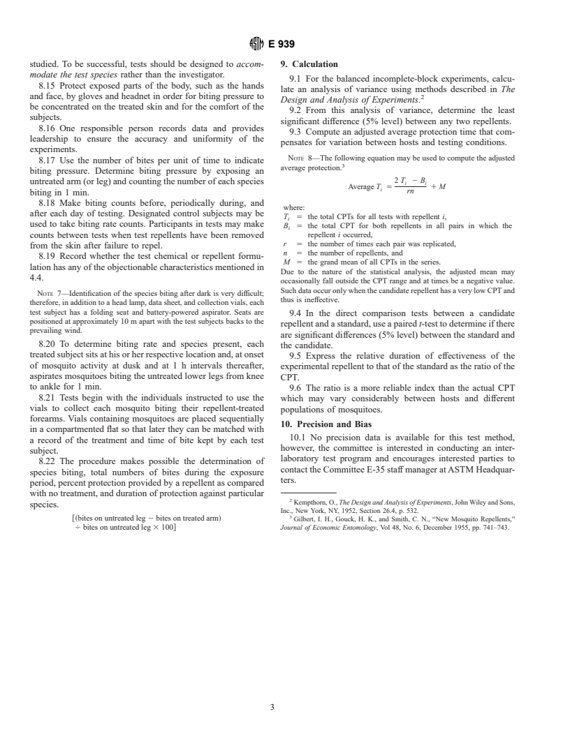 ASTM E939-94 - Standard Test Method of Field Testing Topical Applications of Compounds as Repellents for Medically Important and Pest Arthropods (Including Insects, Ticks, and Mites):I Mosquitoes