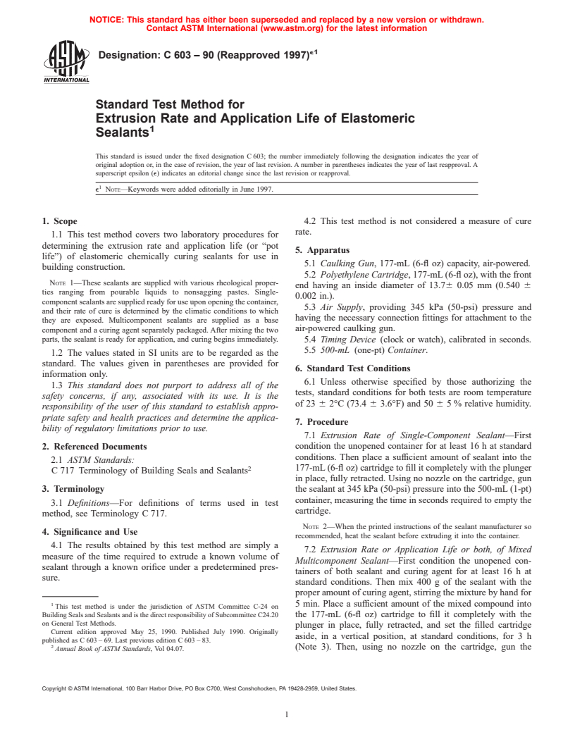 ASTM C603-90(1997)e1 - Standard Test Method for Extrusion Rate and Application Life of Elastomeric Sealants