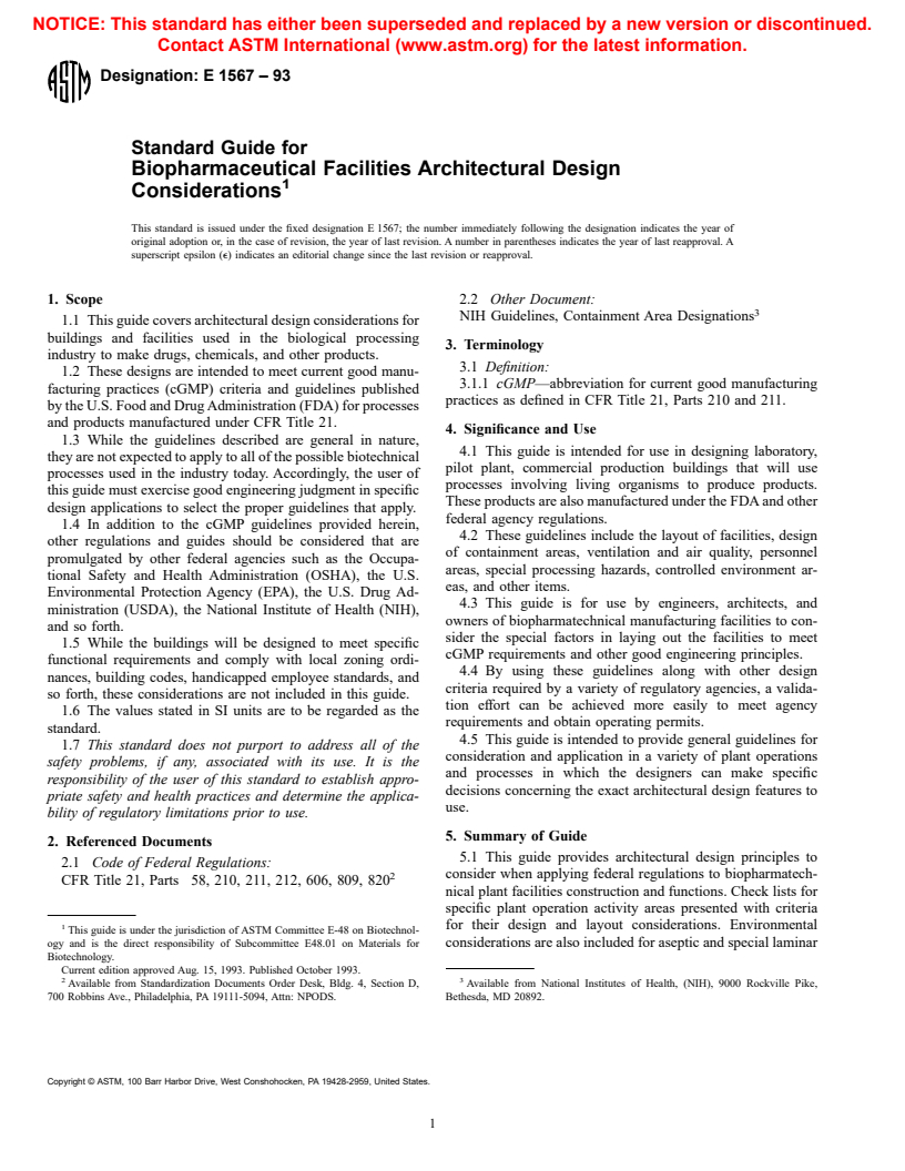 ASTM E1567-93 - Standard Guide for Biopharmaceutical Facilities Architectural Design Considerations