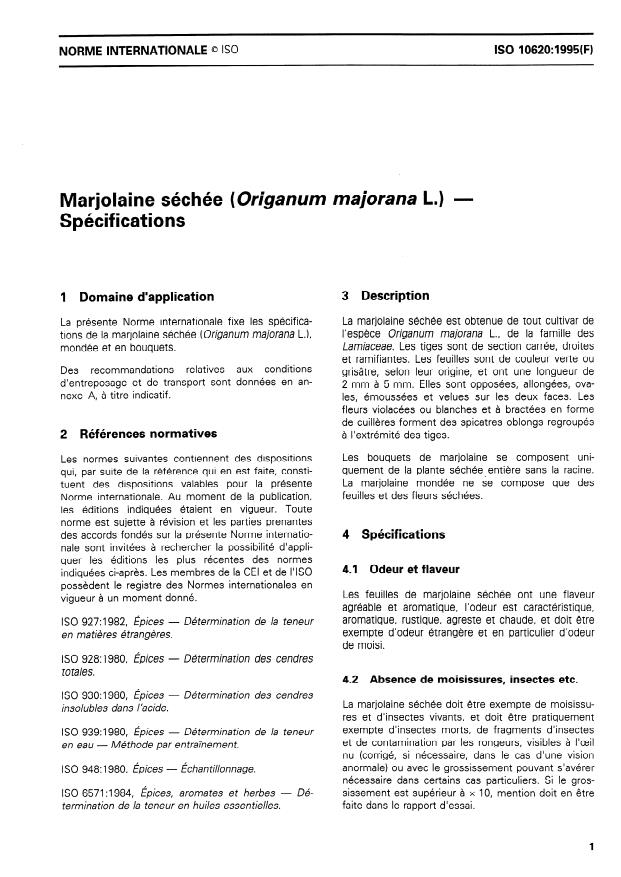 ISO 10620:1995 - Marjolaine séchée (Origanum majorana L.) -- Spécifications