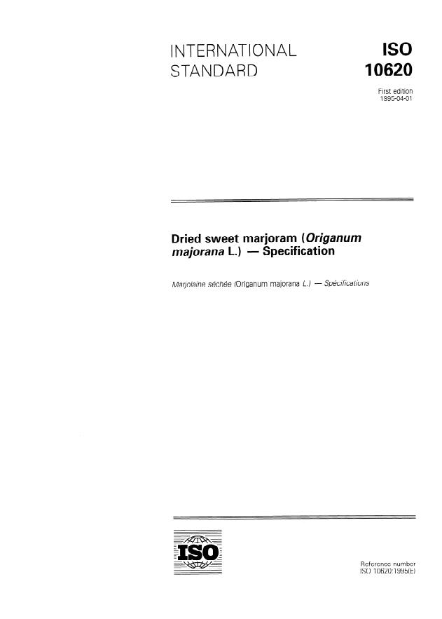 ISO 10620:1995 - Dried sweet marjoram (Origanum majorana L.) -- Specification