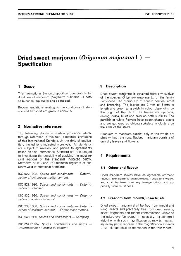 ISO 10620:1995 - Dried sweet marjoram (Origanum majorana L.) -- Specification