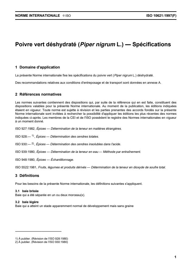 ISO 10621:1997 - Poivre vert déshydraté (Piper nigrum L.) -- Spécifications