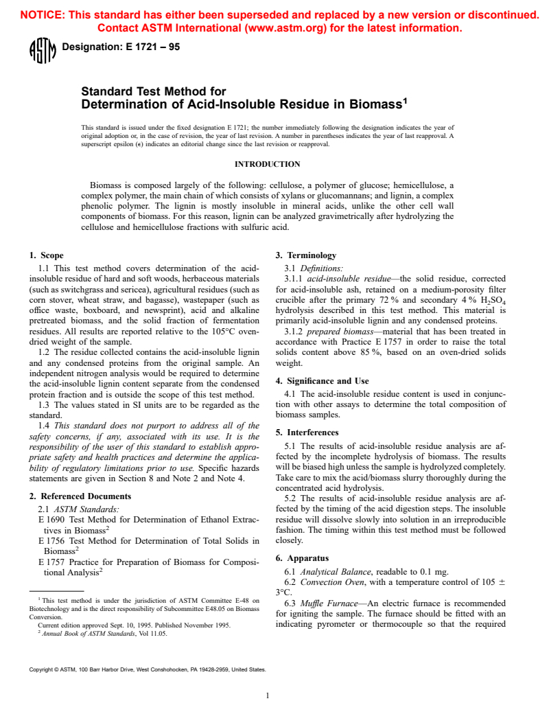 ASTM E1721-95 - Standard Test Method for Determination of Acid-Insoluble Residue in Biomass