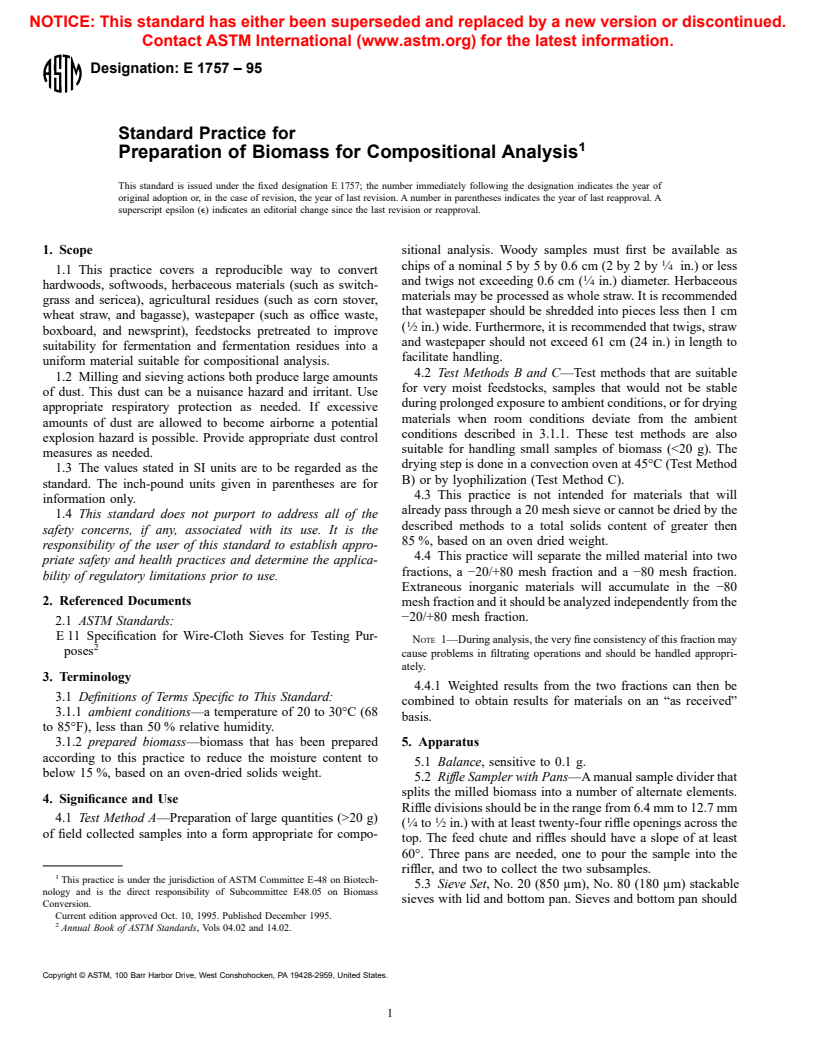 ASTM E1757-95 - Standard Practice for Preparation of Biomass for Compositional Analysis