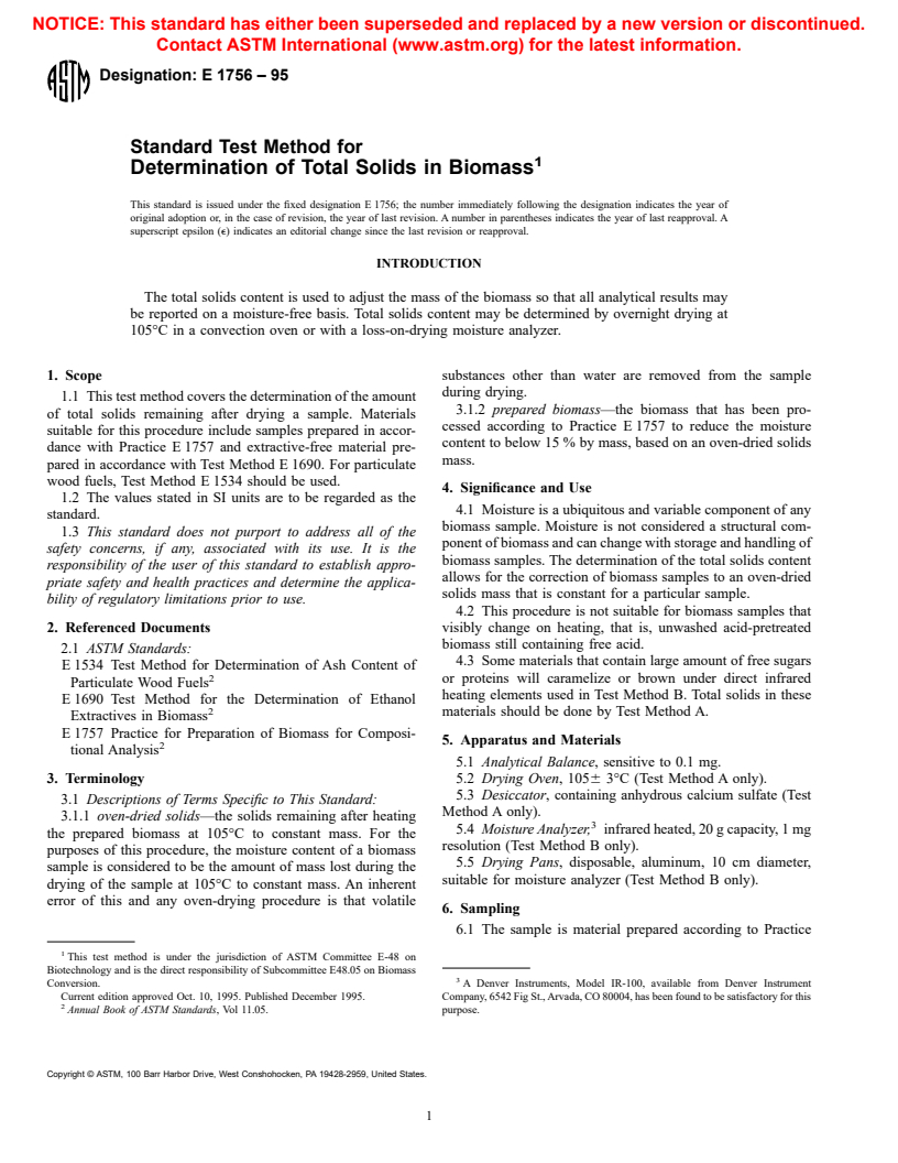 ASTM E1756-95 - Standard Test Method for Determination of Total Solids in Biomass