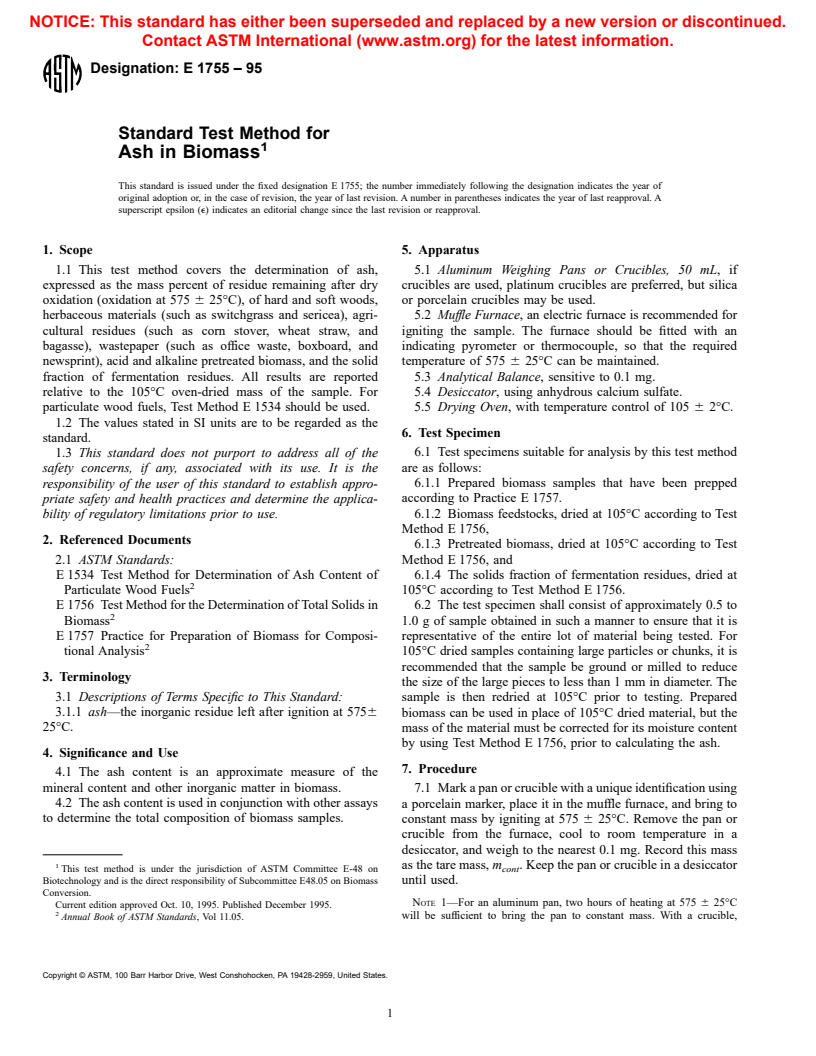 ASTM E1755-95 - Standard Test Method for Ash in Biomass