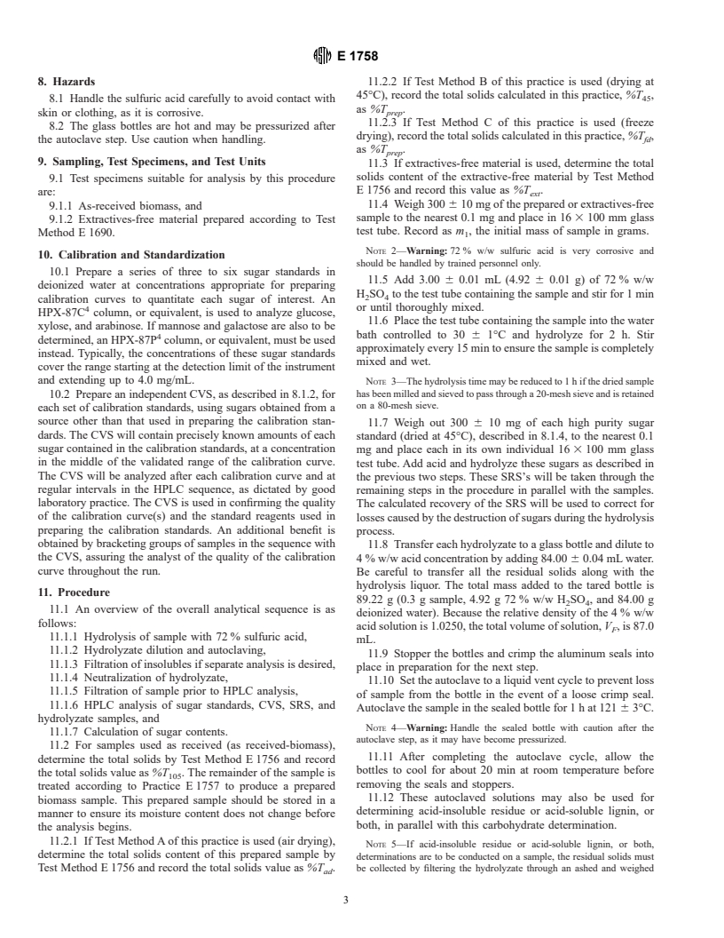 ASTM E1758-95e1 - Standard Test Method for Determination of Carbohydrates in Biomass by High Performance Liquid Chromatography