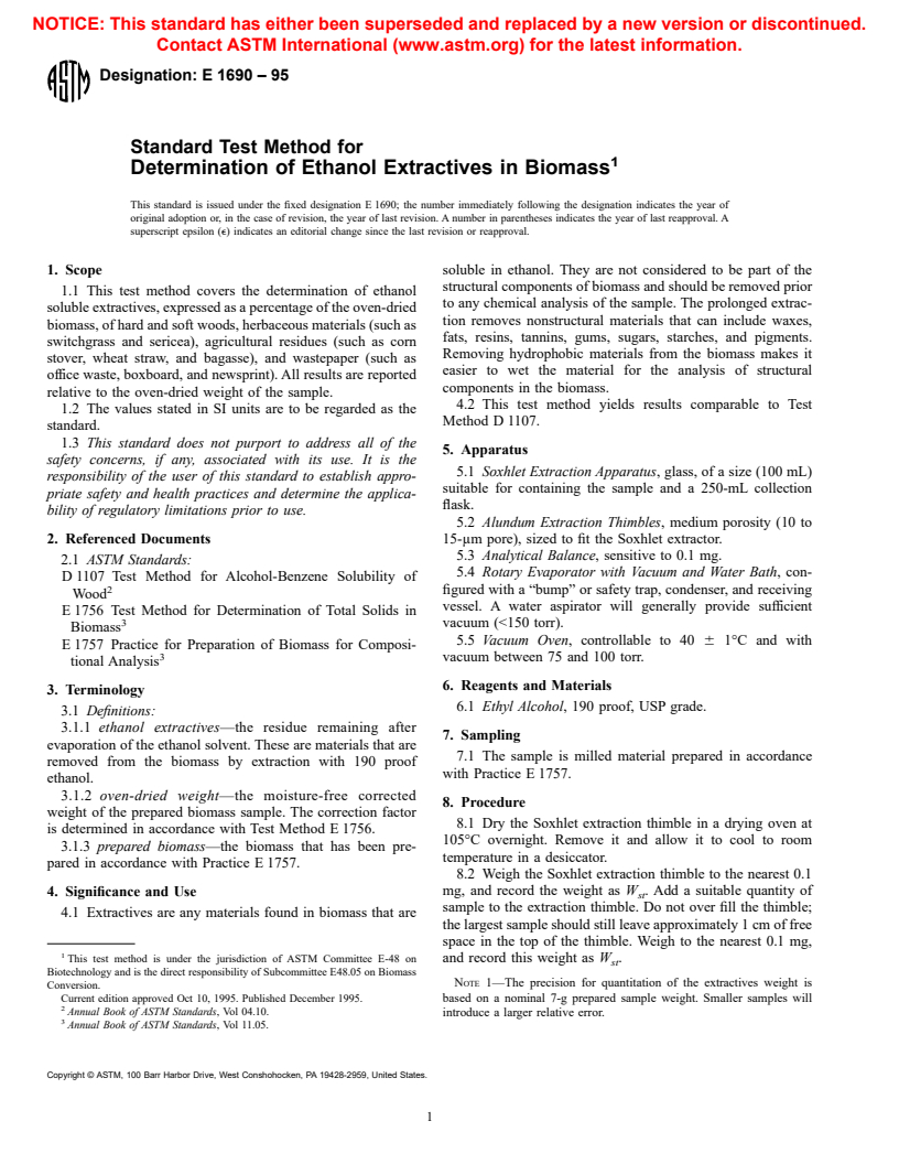 ASTM E1690-95 - Standard Test Method for Determination of Ethanol Extractives in Biomass