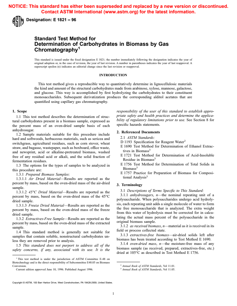 ASTM E1821-96 - Standard Test Method for Determination of Carbohydrates in Biomass by Gas Chromatography