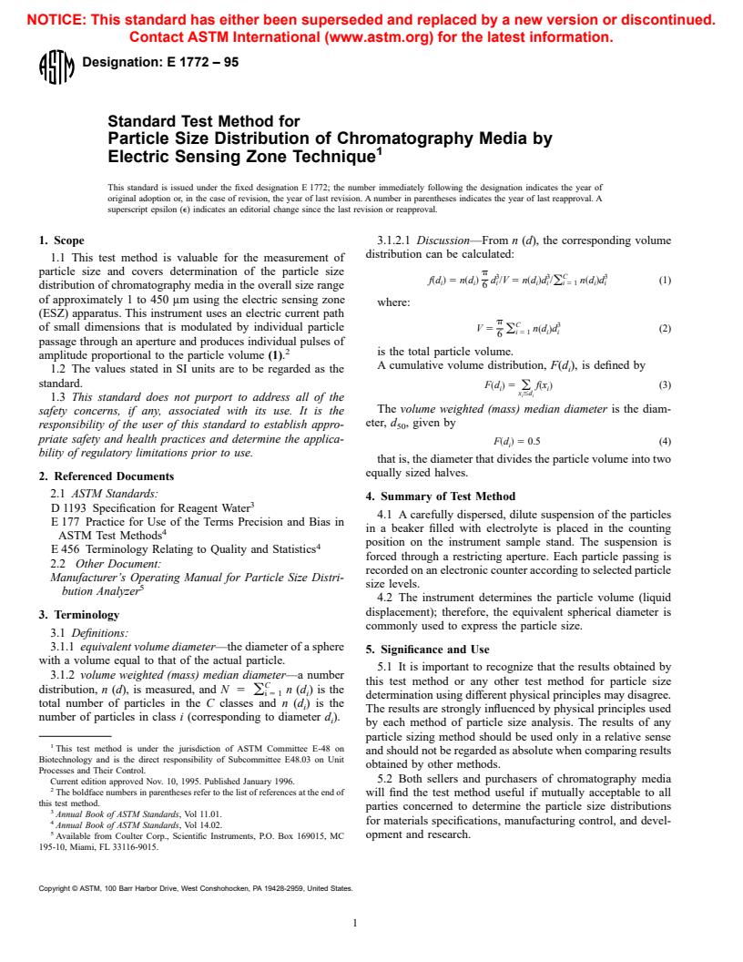 ASTM E1772-95 - Standard Test Method for Particle Size Distribution of Chromatography Media by Electric Sensing Zone Technique