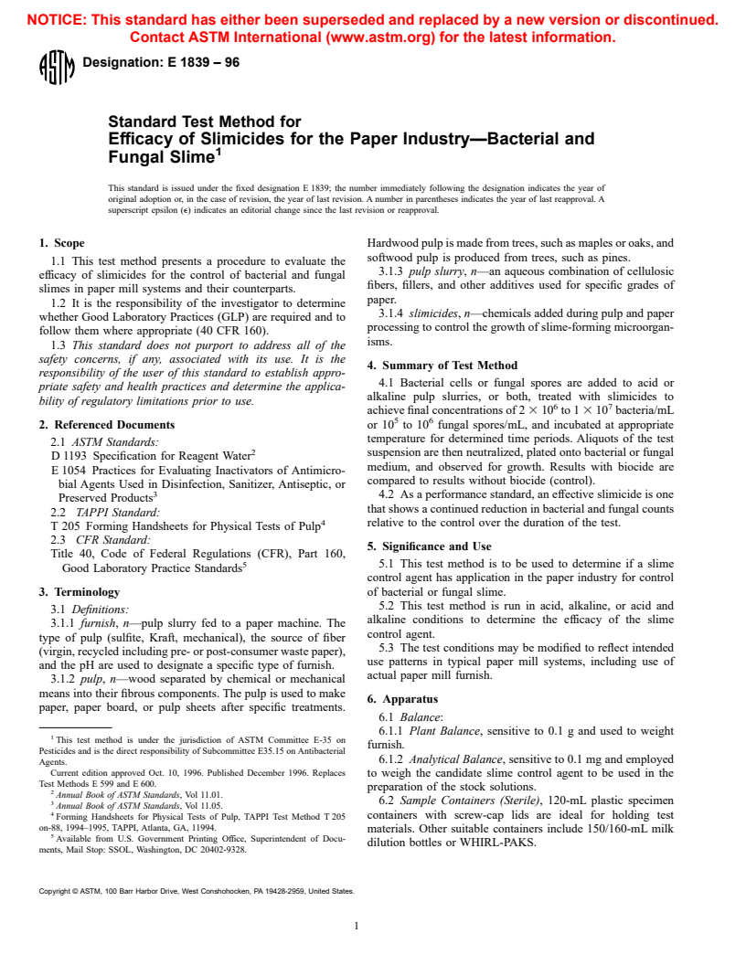 ASTM E1839-96 - Standard Test Method for Efficacy of Slimicides for the Paper Industry--Bacterial and Fungal Slime