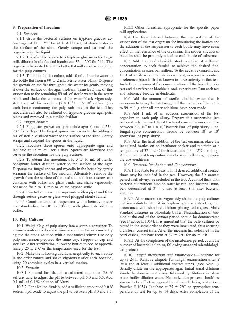 ASTM E1839-96 - Standard Test Method for Efficacy of Slimicides for the Paper Industry--Bacterial and Fungal Slime