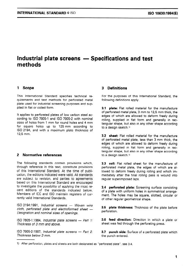ISO 10630:1994 - Industrial plate screens -- Specifications and test methods