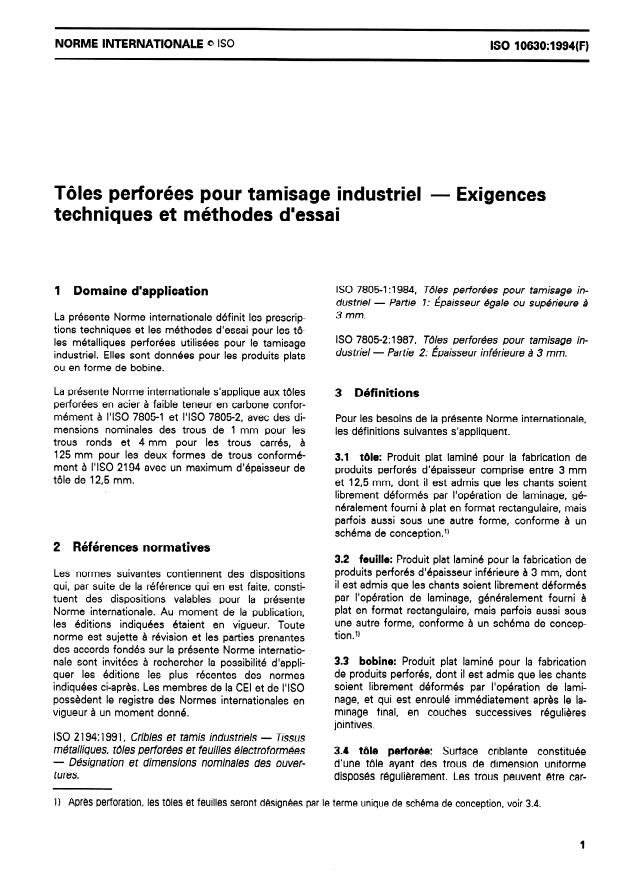 ISO 10630:1994 - Tôles perforées pour tamisage industriel -- Exigences techniques et méthodes d'essai