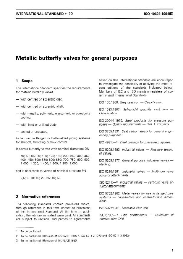 ISO 10631:1994 - Metallic butterfly valves for general purposes