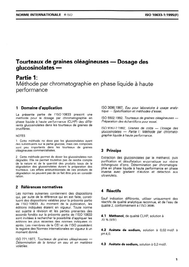ISO 10633-1:1995 - Tourteaux de graines oléagineuses -- Dosage des glucosinolates