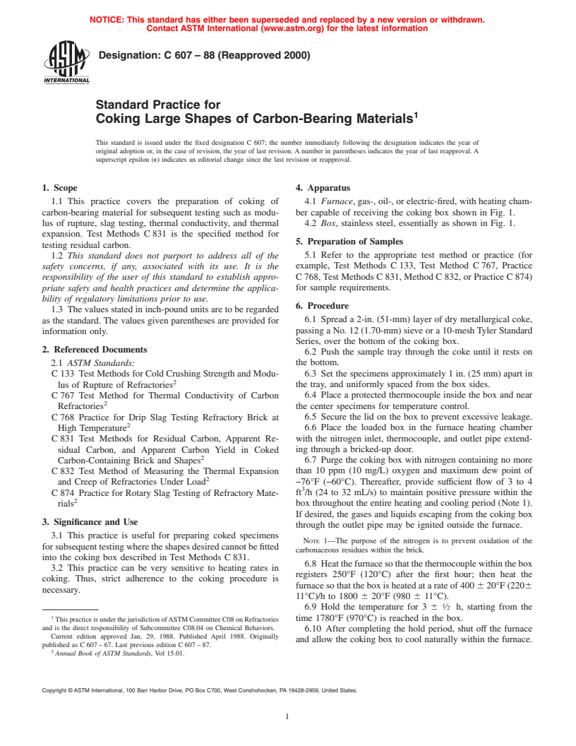 ASTM C607-88(2000) - Standard Practice for Coking Large Shapes of Carbon-Bearing Materials