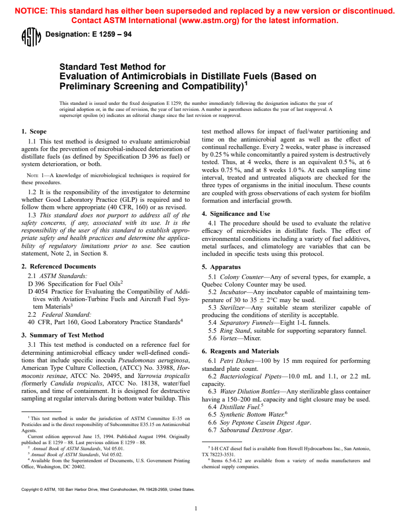 ASTM E1259-94 - Standard Test Method for Evaluation of Antimicrobials in Liquid Fuels Boiling Below 390&#176;C