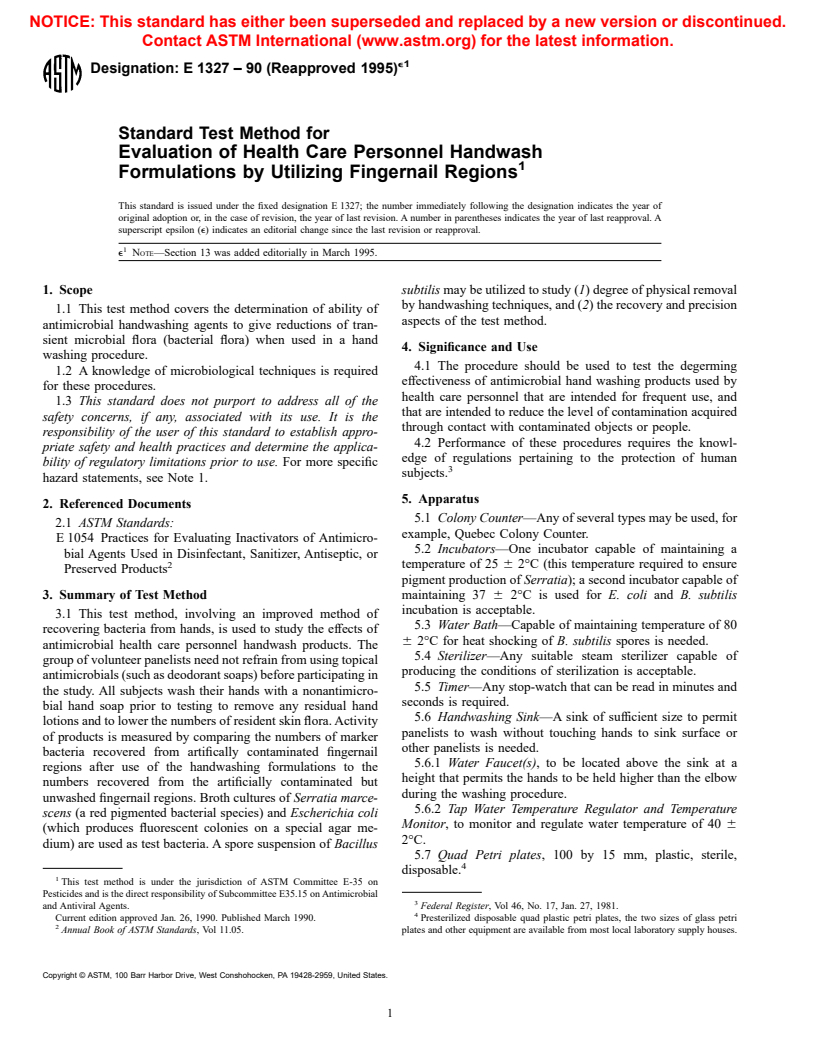 ASTM E1327-90(1995)e1 - Standard Test Method for Evaluation of Health Care Personnel Handwash Formulations by Utilizing Fingernail Regions