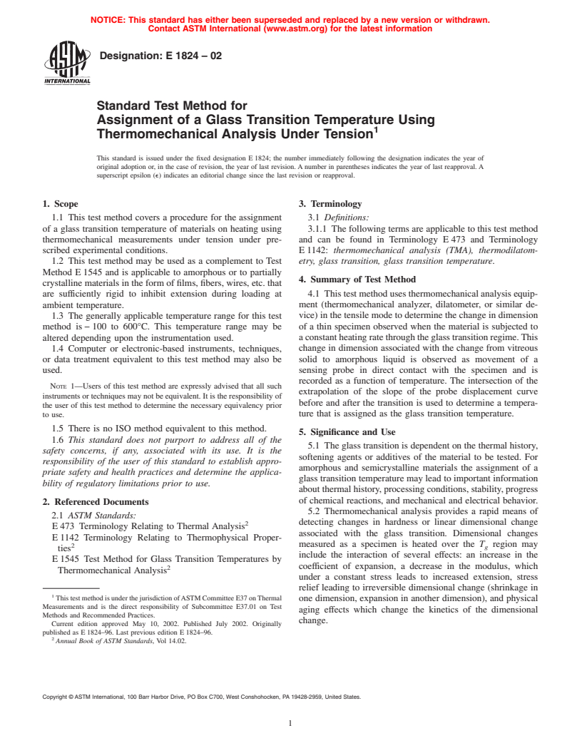 ASTM E1824-02 - Standard Test Method for Assignment of a Glass Transition Temperature Using Thermomechanical Analysis Under Tension