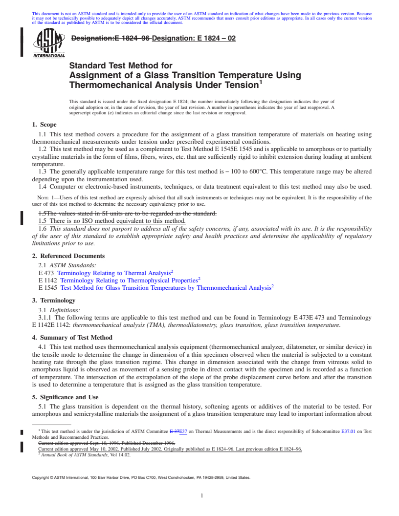 REDLINE ASTM E1824-02 - Standard Test Method for Assignment of a Glass Transition Temperature Using Thermomechanical Analysis Under Tension