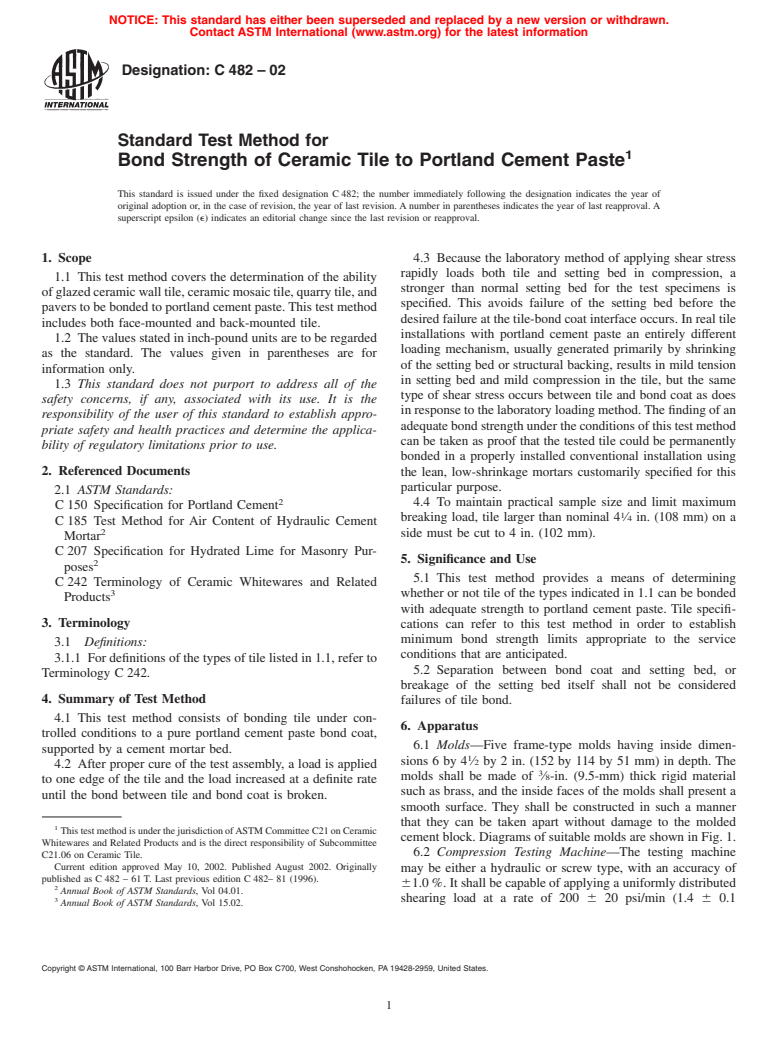 ASTM C482-02 - Standard Test Method for Bond Strength of Ceramic Tile to Portland Cement Paste