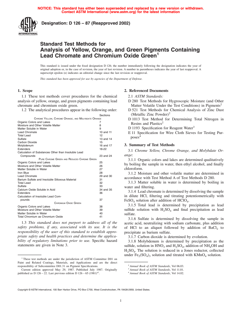 ASTM D126-87(2002) - Standard Test Methods for Analysis of Yellow, Orange, and Green Pigments Containing Lead Chromate and Chromium Oxide Green