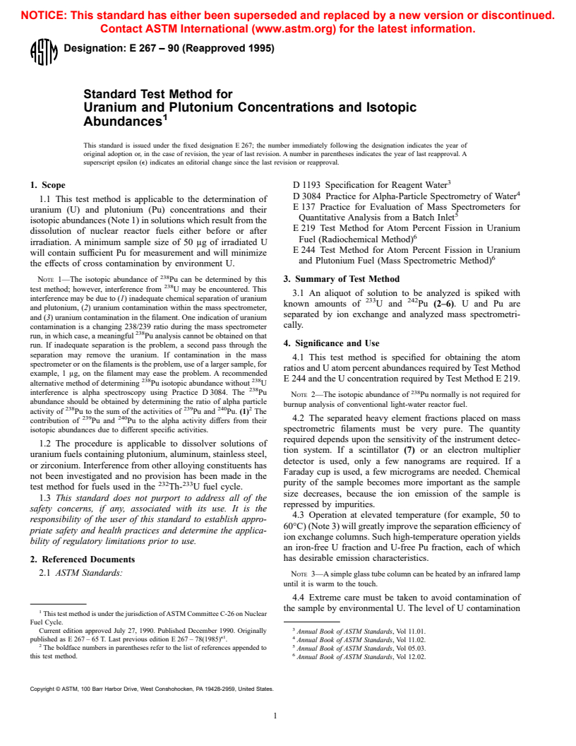 ASTM E267-90(1995) - Standard Test Method for Uranium and Plutonium Concentrations and Isotopic Abundances