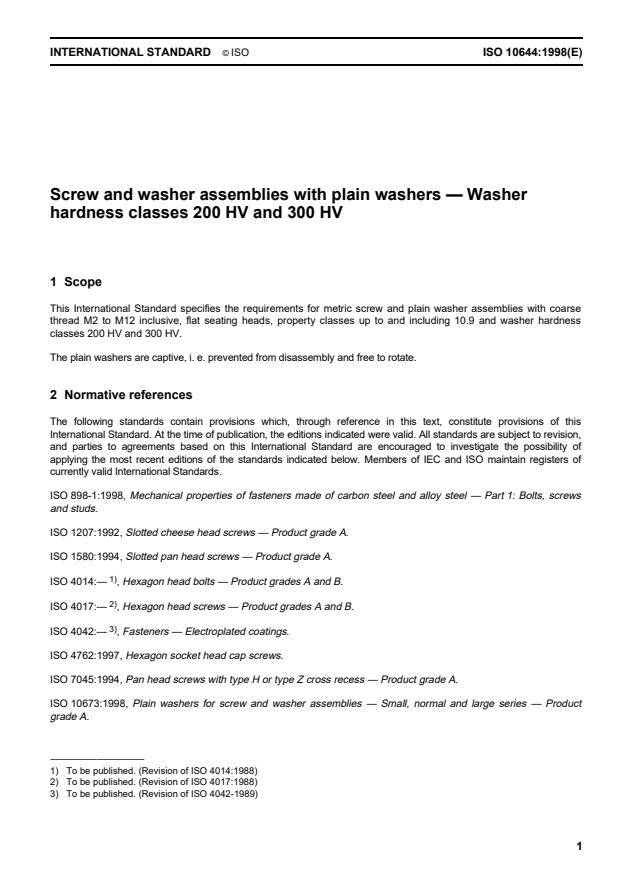 ISO 10644:1998 - Screw and washer assemblies with plain washers -- Washer hardness classes 200 HV and 300 HV
