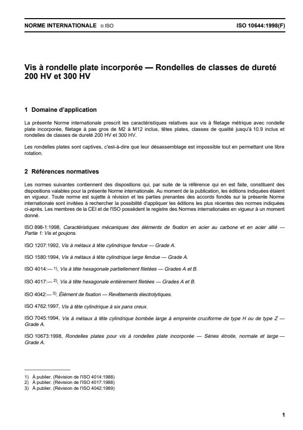 ISO 10644:1998 - Vis a rondelle plate incorporée -- Rondelles de classes de dureté 200 HV et 300 HV
