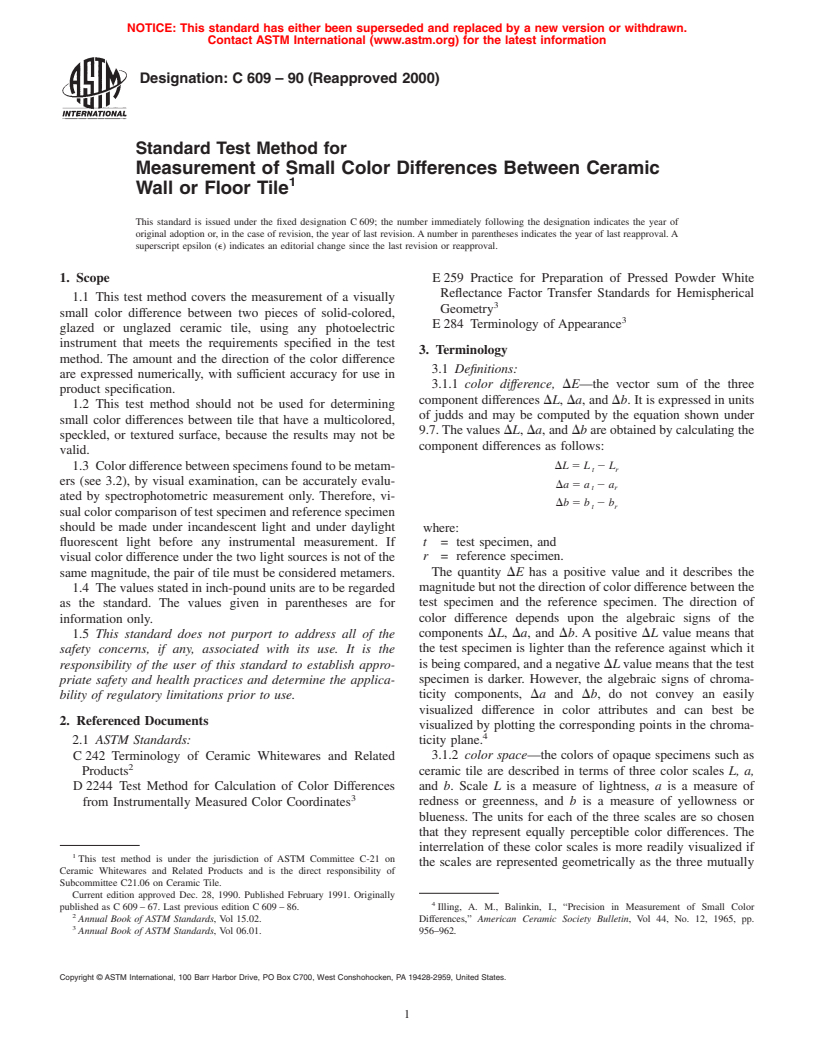 ASTM C609-90(2000) - Standard Test Method for Measurement of Small Color Differences Between Ceramic Wall or Floor Tile