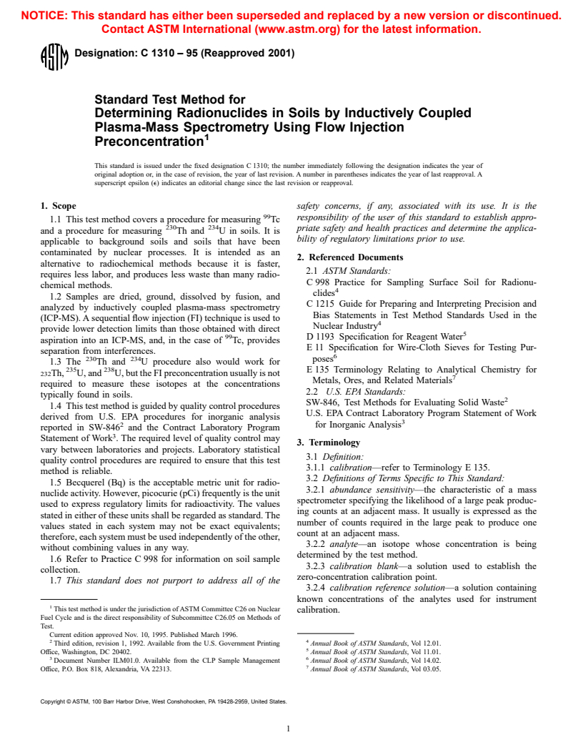 ASTM C1310-95(2001) - Standard Test Method for Determining Radionuclides in Soils by Inductively Coupled Plasma-Mass Spectrometry Using Flow Injection Preconcentration